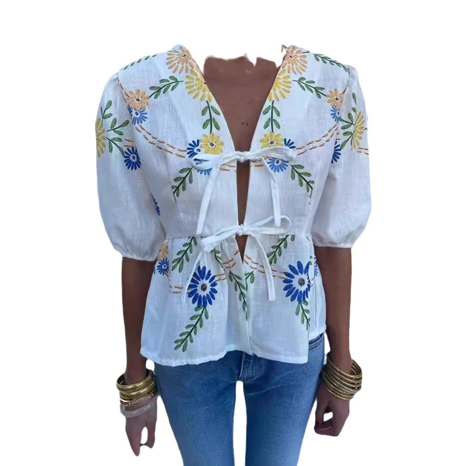 Blouse with Floral Embroidery and Deep V-Neck for Women