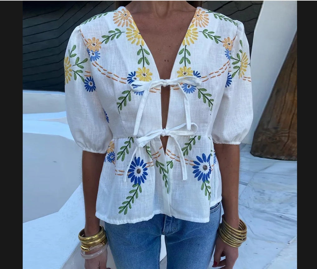 Blouse with Floral Embroidery and Deep V-Neck for Women