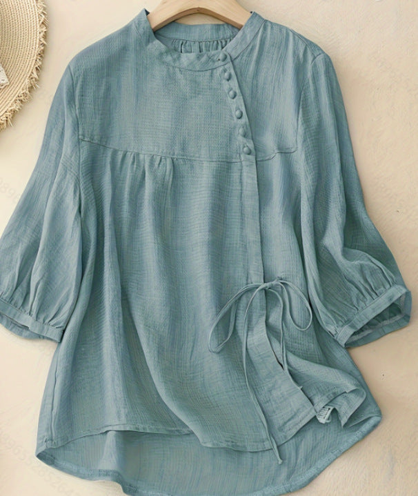 Blouse with Stand Collar and Waist Knot for Women