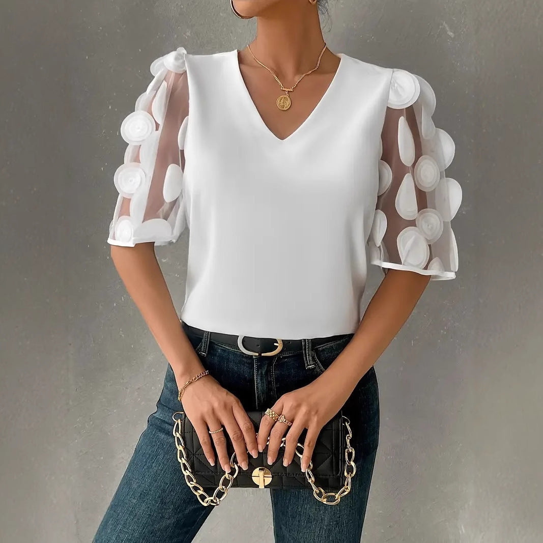 Blouse with V-Neck and Sheer Puff Sleeves for Women