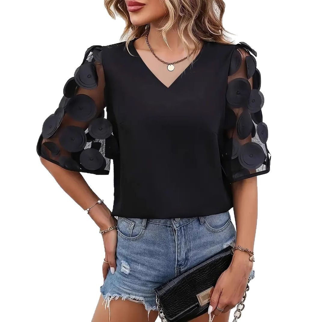 Blouse with V-Neck and Sheer Puff Sleeves for Women