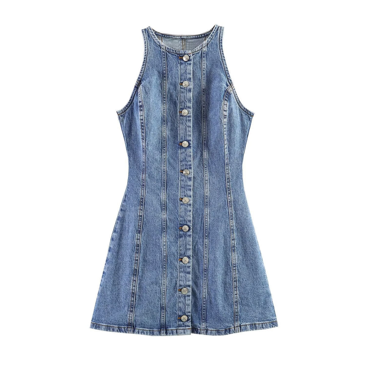 Denim Dress with Round Neck and Buttons for Women