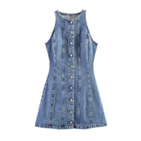Denim Dress with Round Neck and Buttons for Women