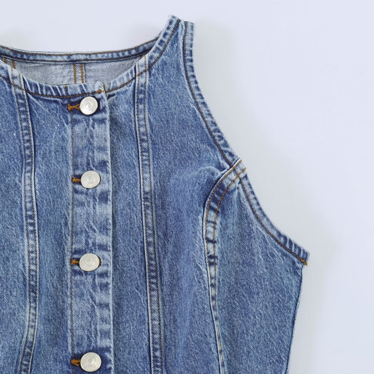 Denim Dress with Round Neck and Buttons for Women