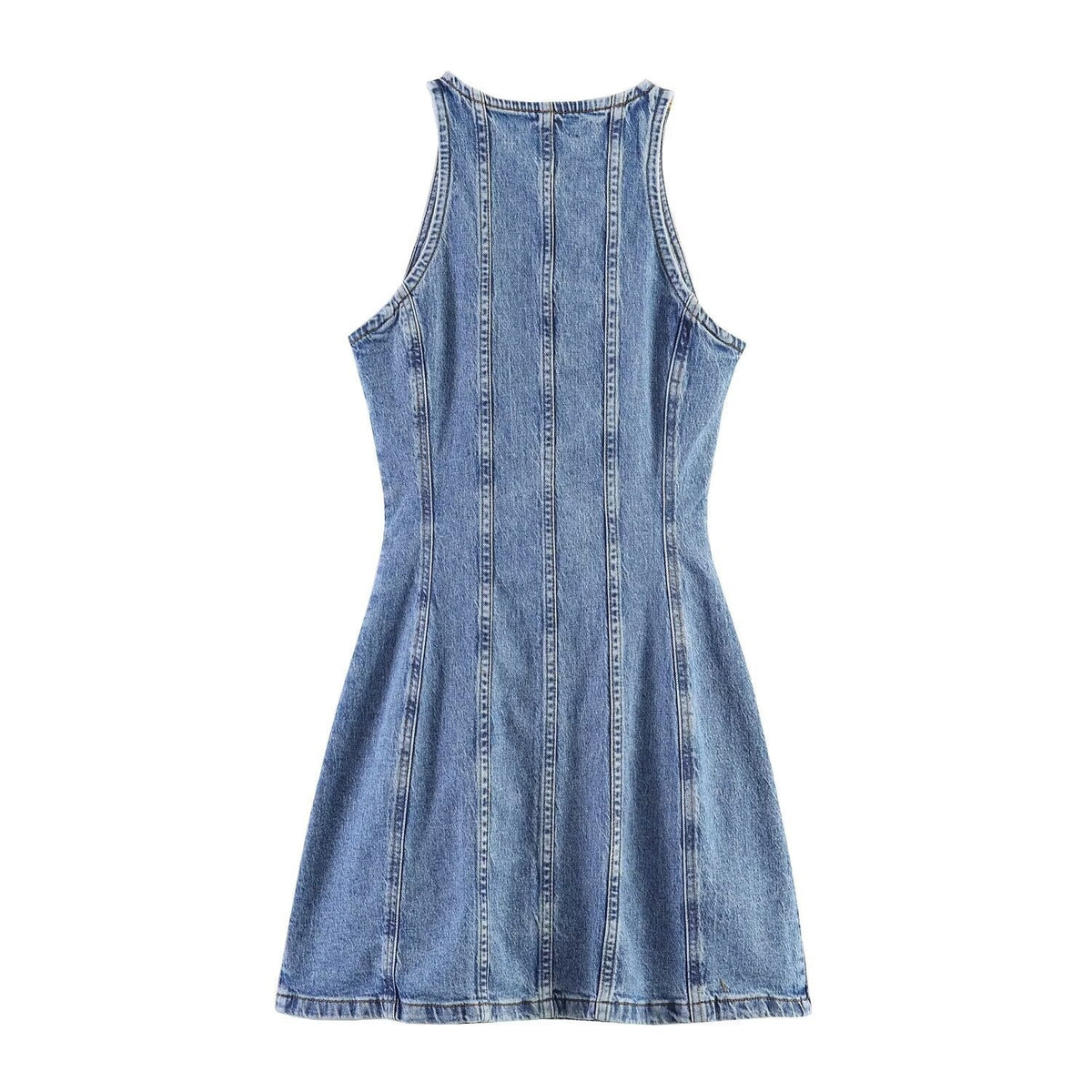 Denim Dress with Round Neck and Buttons for Women