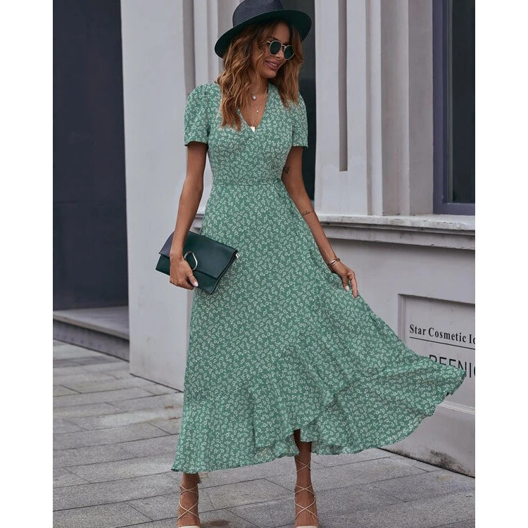 Floral Dress with Wrap Design in Green for Women