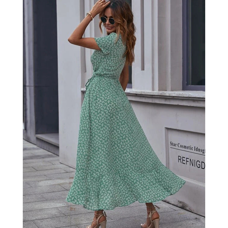 Floral Dress with Wrap Design in Green for Women