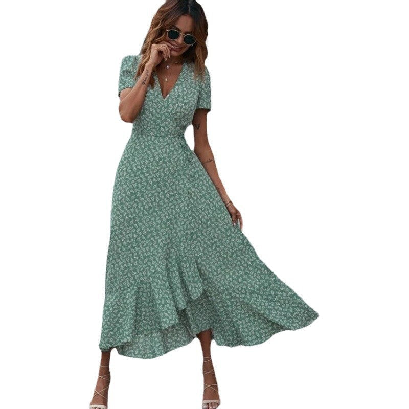 Floral Dress with Wrap Design in Green for Women