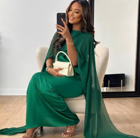 Formal Dress with High Collar and Cape Sleeves for Women