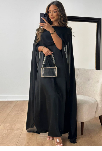 Formal Dress with High Collar and Cape Sleeves for Women