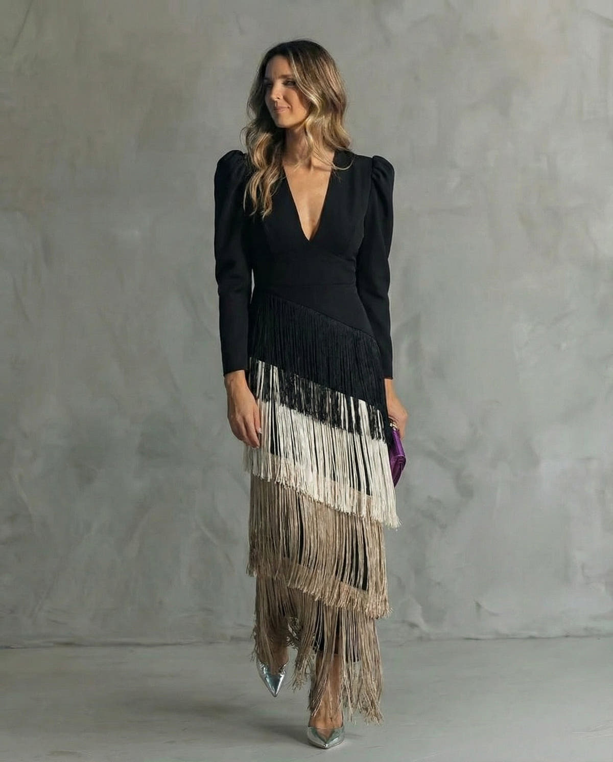 Formal Dress with Layered Fringe and Plunging Neckline for Women