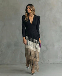 Formal Dress with Layered Fringe and Plunging Neckline for Women