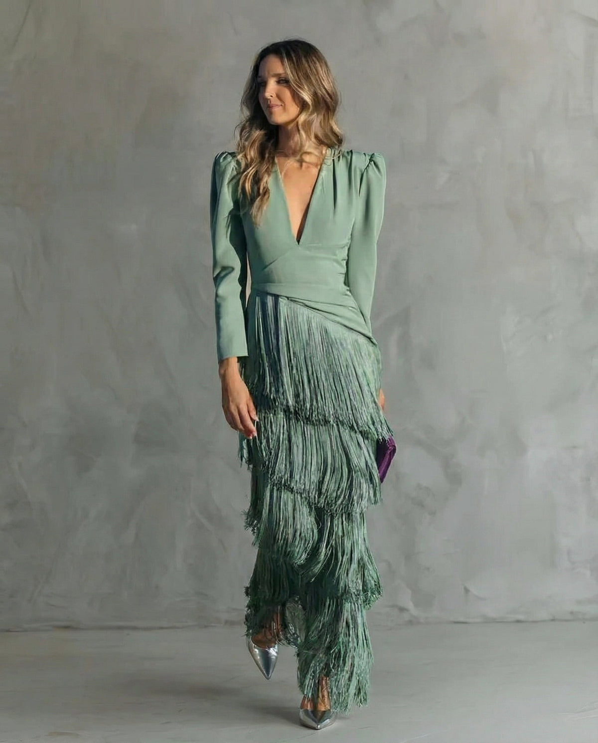Formal Dress with Layered Fringe and Plunging Neckline for Women