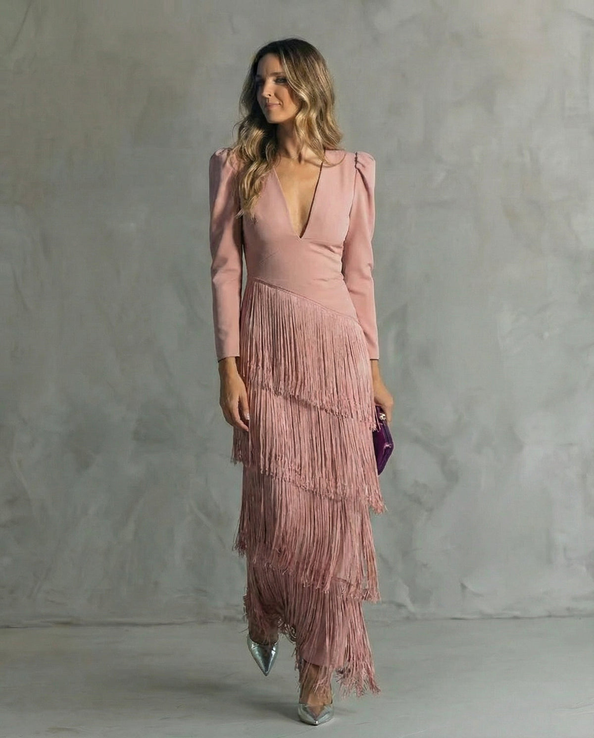 Formal Dress with Layered Fringe and Plunging Neckline for Women