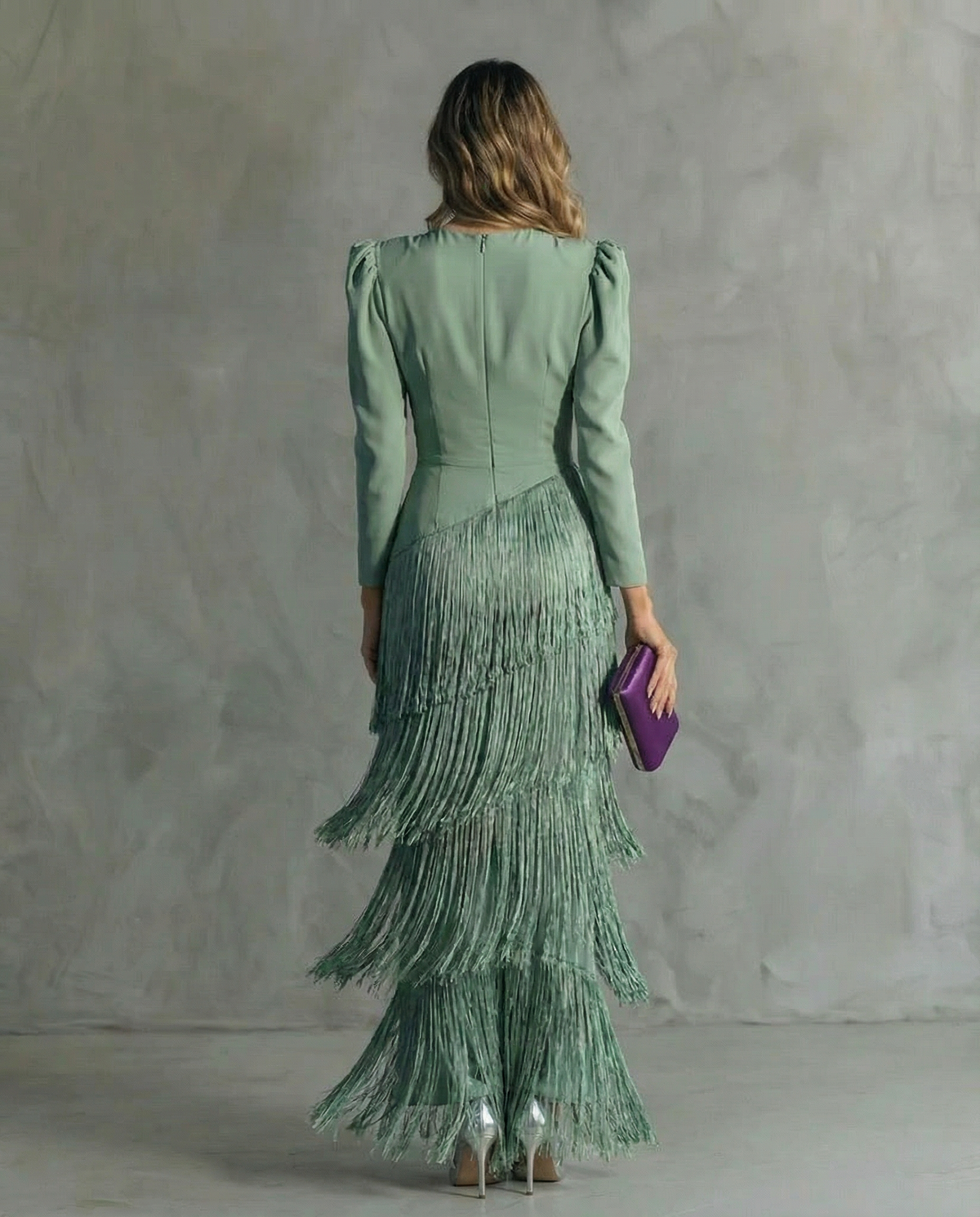Formal Dress with Layered Fringe and Plunging Neckline for Women