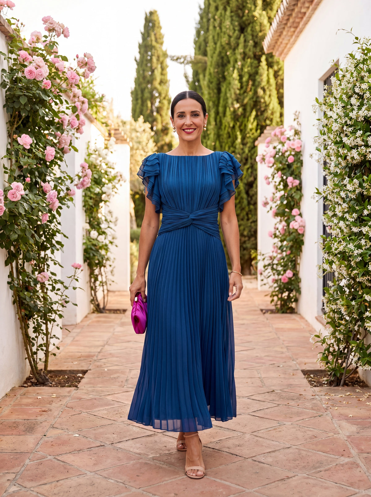 Formal Dress with Pleated Maxi Skirt and Draped Waist for Women