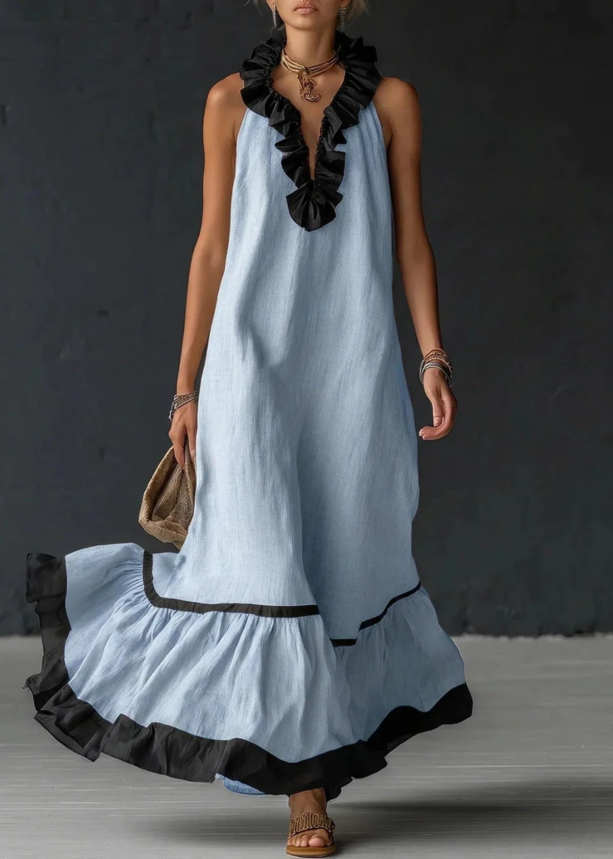 Formal Dress with Ruffled Halter Neck and Maxi Skirt for Women