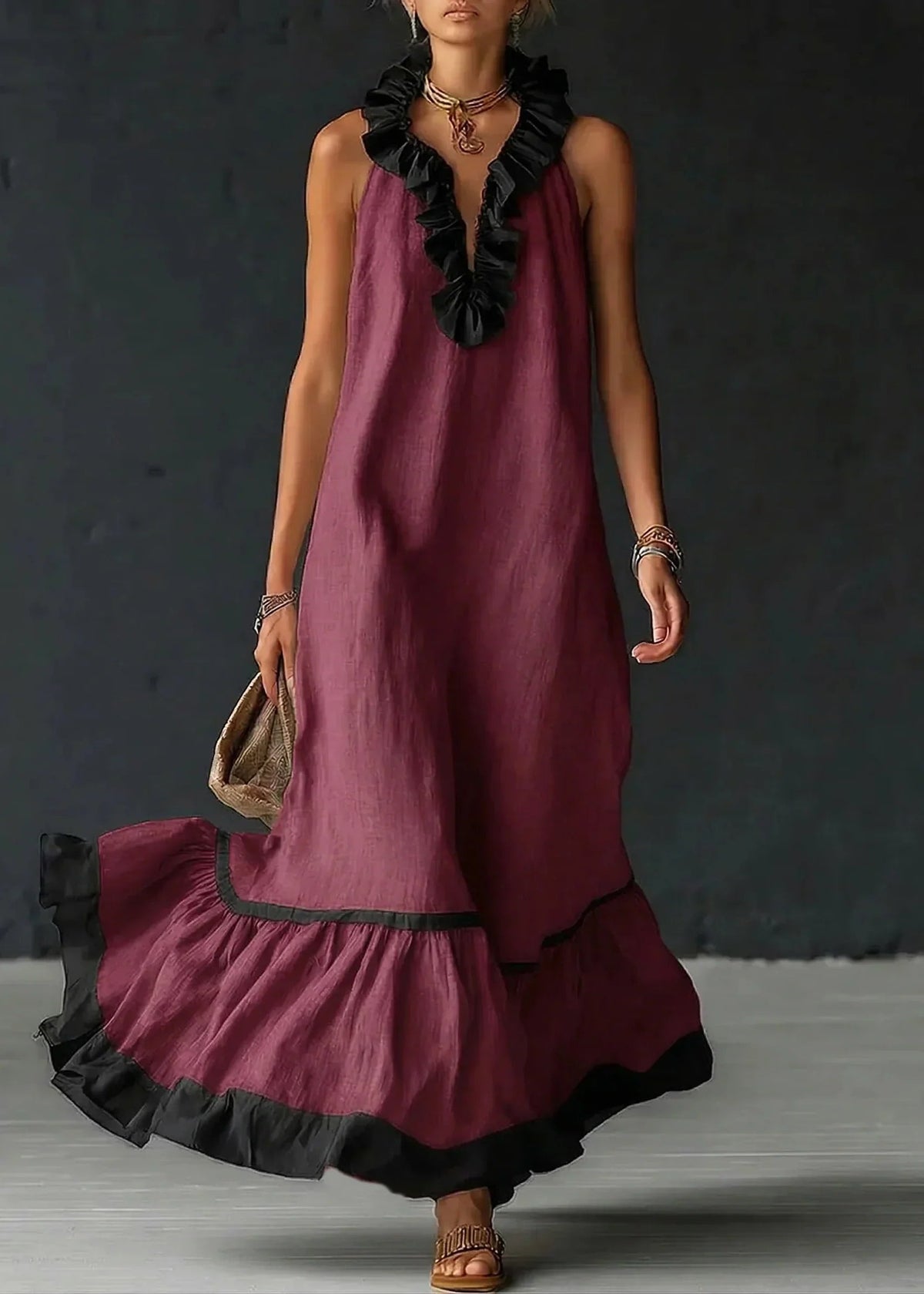Formal Dress with Ruffled Halter Neck and Maxi Skirt for Women