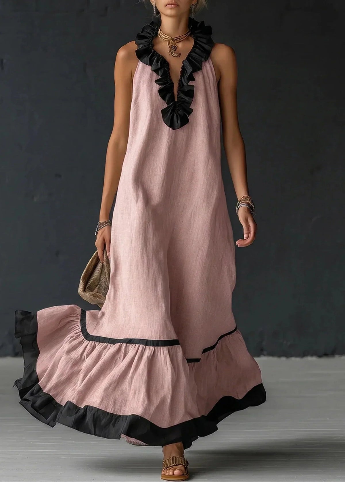 Formal Dress with Ruffled Halter Neck and Maxi Skirt for Women