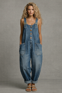 Jumpsuit in Denim with Relaxed Fit and Front Pockets