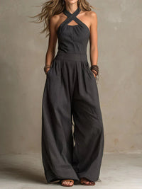 Jumpsuit with Crossed Collar and Side Pockets for Women