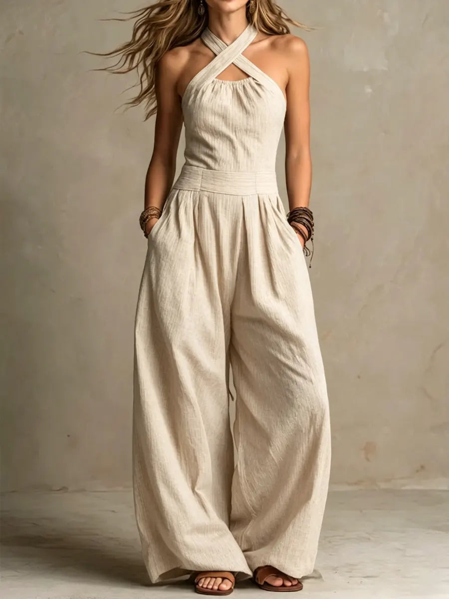 Jumpsuit with Crossed Collar and Side Pockets for Women