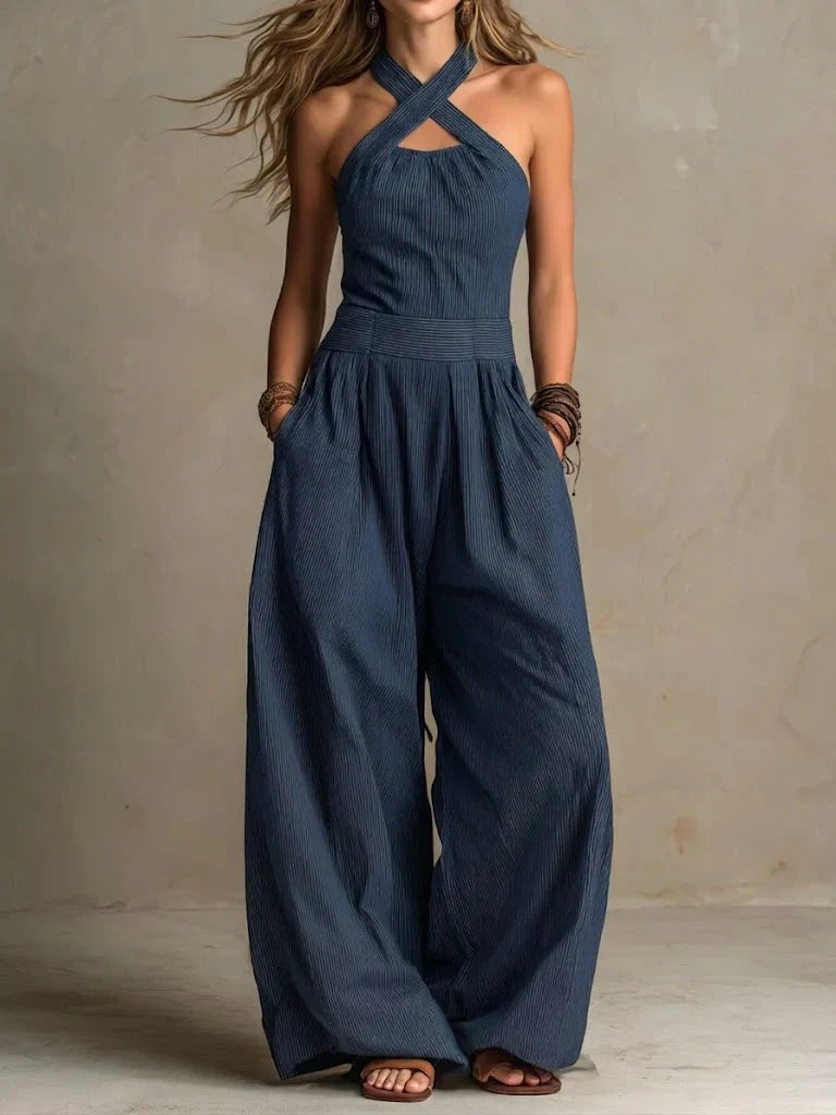 Jumpsuit with Crossed Collar and Side Pockets for Women
