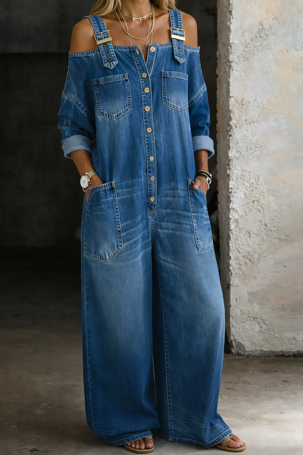 Jumpsuit with Off-Shoulder Neck and Relaxed Fit for Women