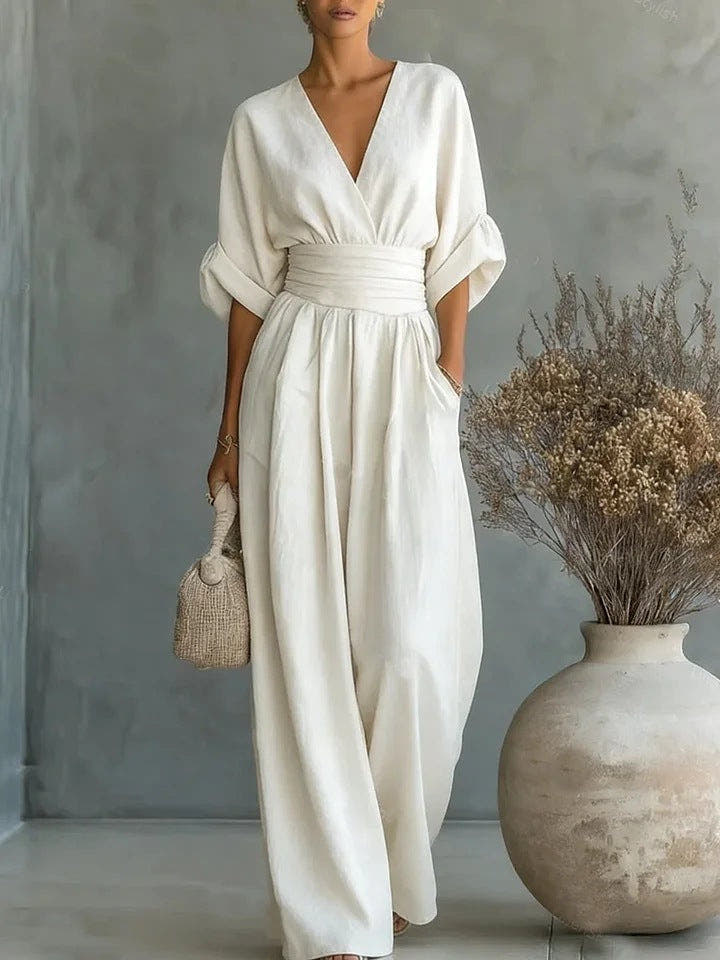 Jumpsuit with Wide Legs and Deep V-Neck for Women