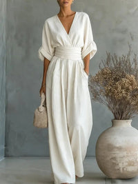 Jumpsuit with Wide Legs and Deep V-Neck for Women