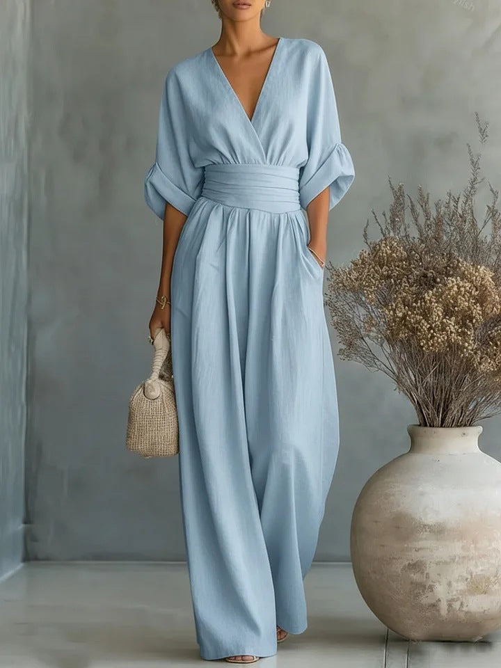 Jumpsuit with Wide Legs and Deep V-Neck for Women