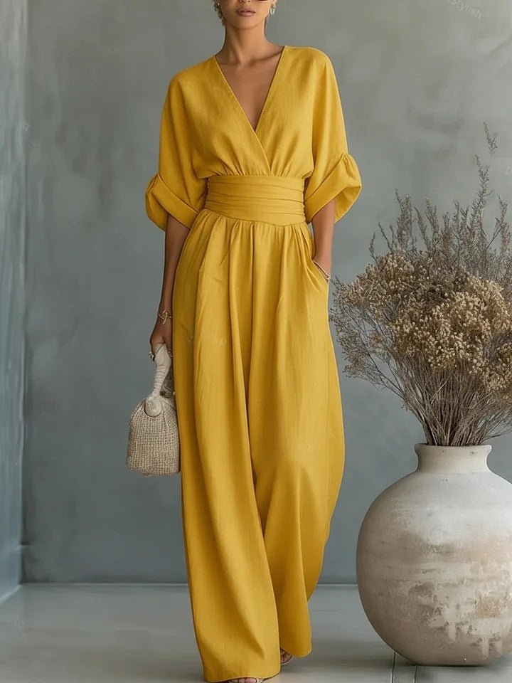 Jumpsuit with Wide Legs and Deep V-Neck for Women