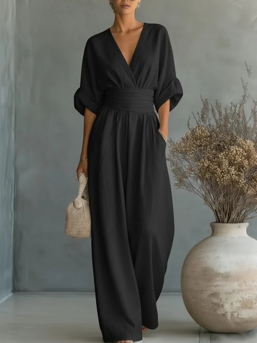 Jumpsuit with Wide Legs and Deep V-Neck for Women