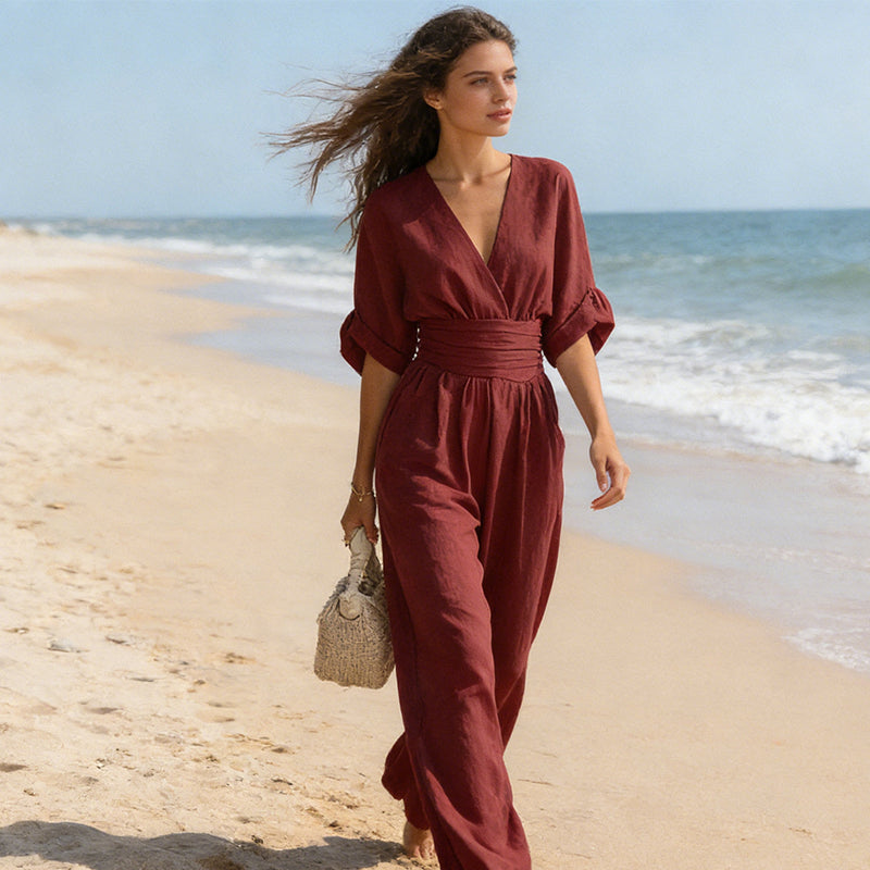 Jumpsuit with Wide Legs and Deep V-Neck for Women
