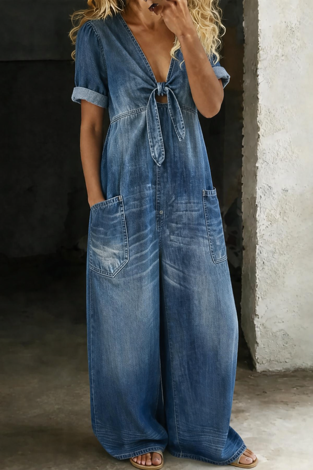 Jumpsuit with Wide Legs and V-Neck for Women