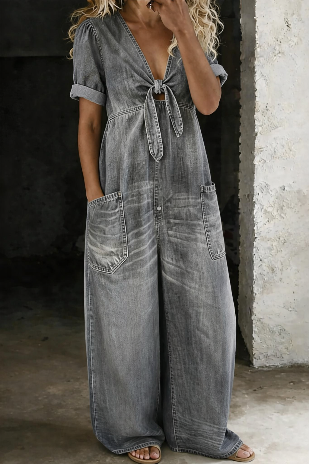 Jumpsuit with Wide Legs and V-Neck for Women