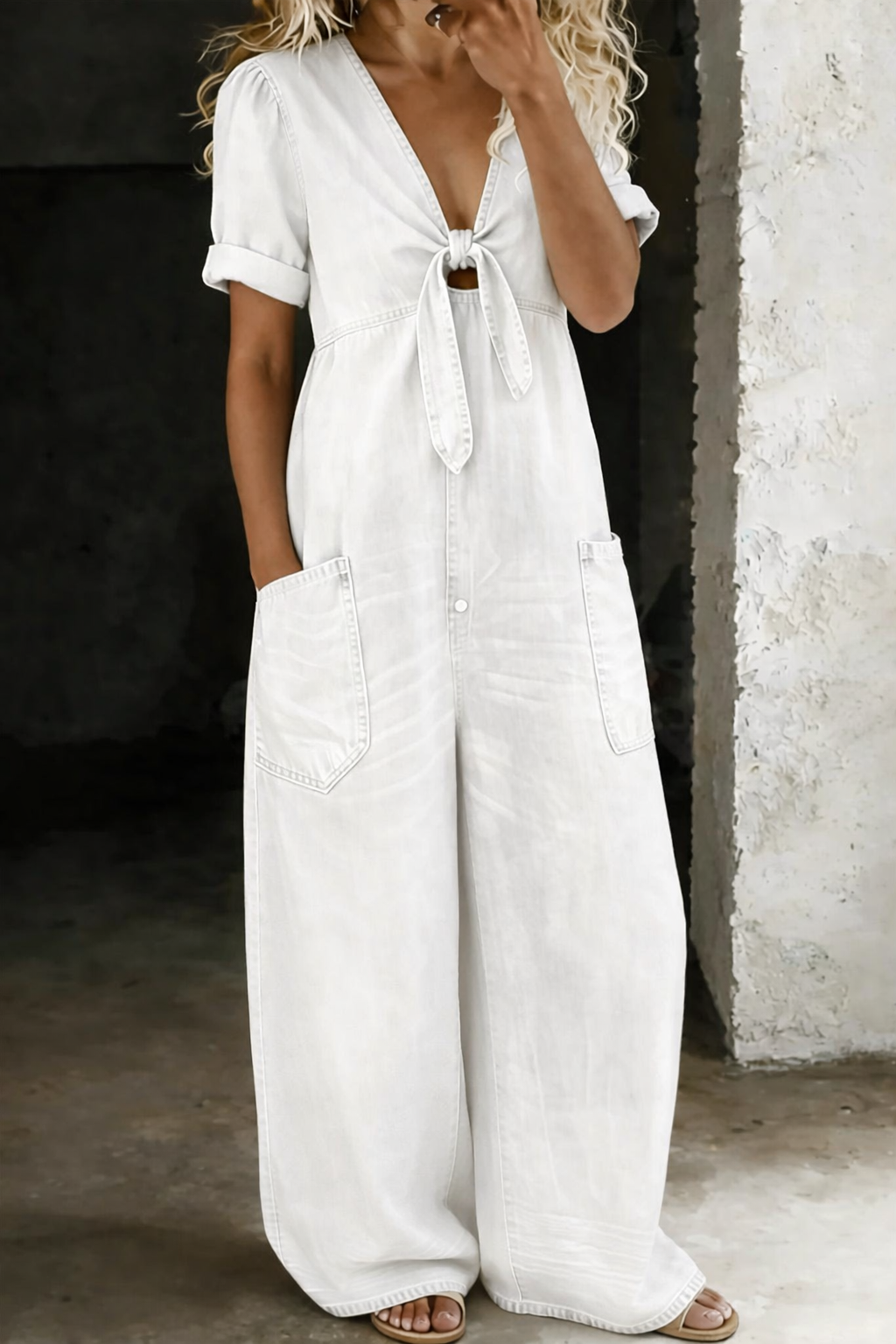 Jumpsuit with Wide Legs and V-Neck for Women