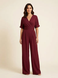 Jumpsuit with Wide Legs, V-Neck and Defined Waist