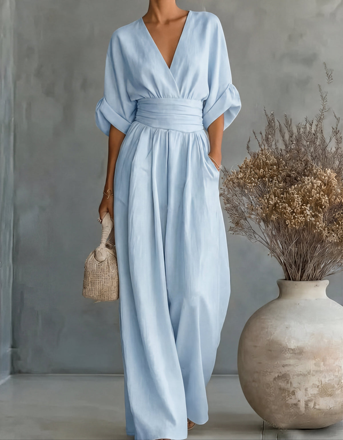 Jumpsuit with Wide Legs, V-Neck and Defined Waist