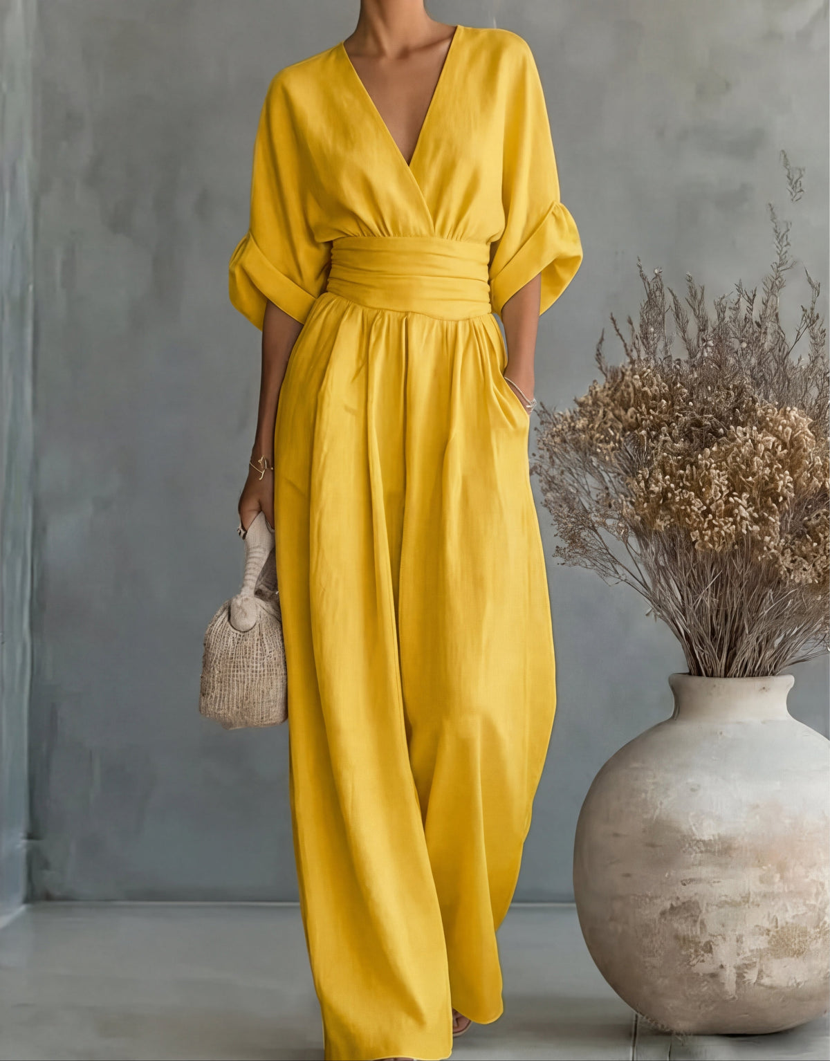 Jumpsuit with Wide Legs, V-Neck and Defined Waist