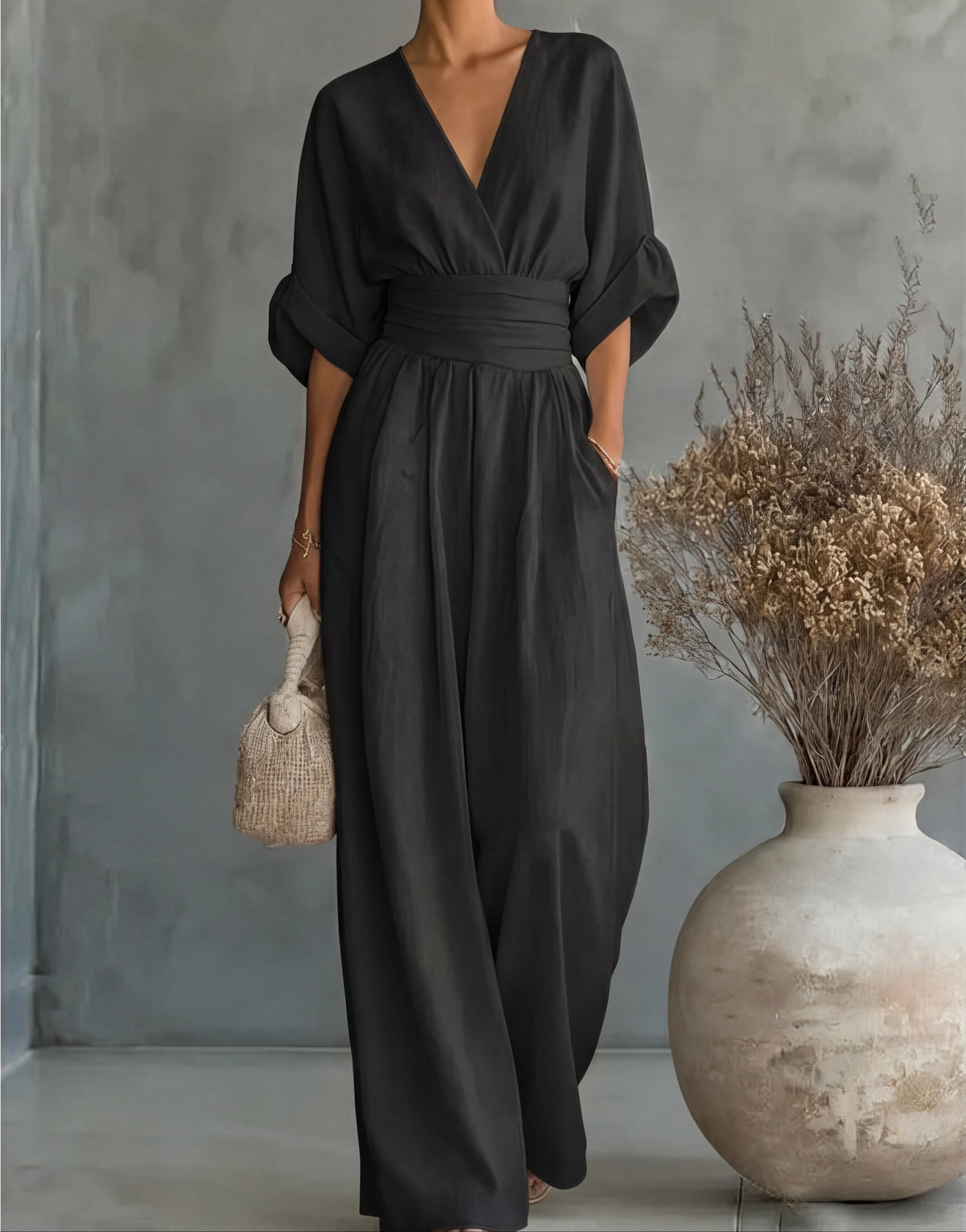Jumpsuit with Wide Legs, V-Neck and Defined Waist