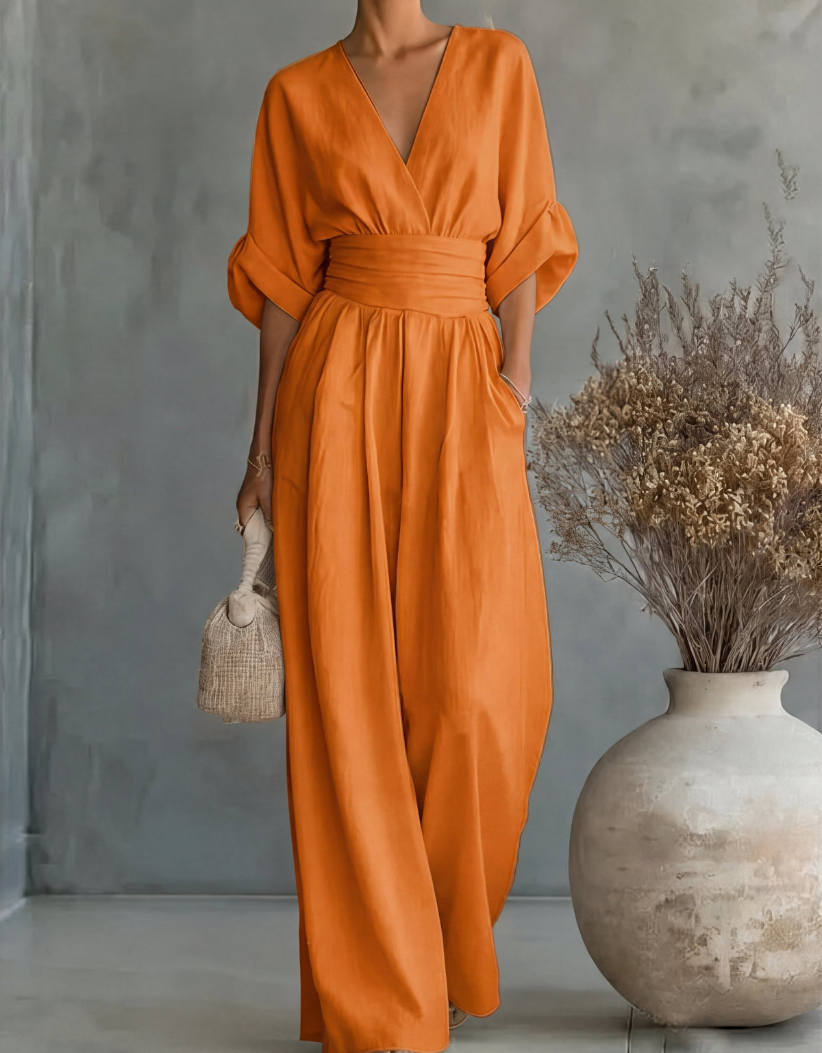 Jumpsuit with Wide Legs, V-Neck and Defined Waist
