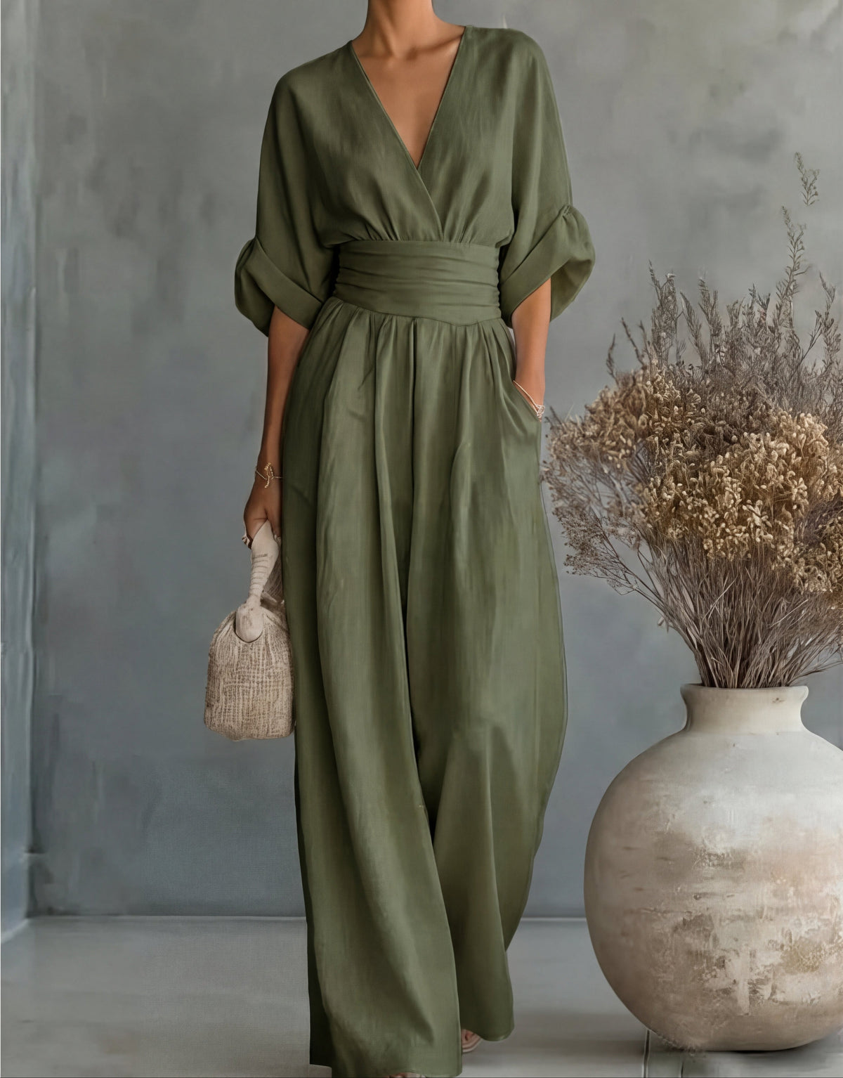 Jumpsuit with Wide Legs, V-Neck and Defined Waist