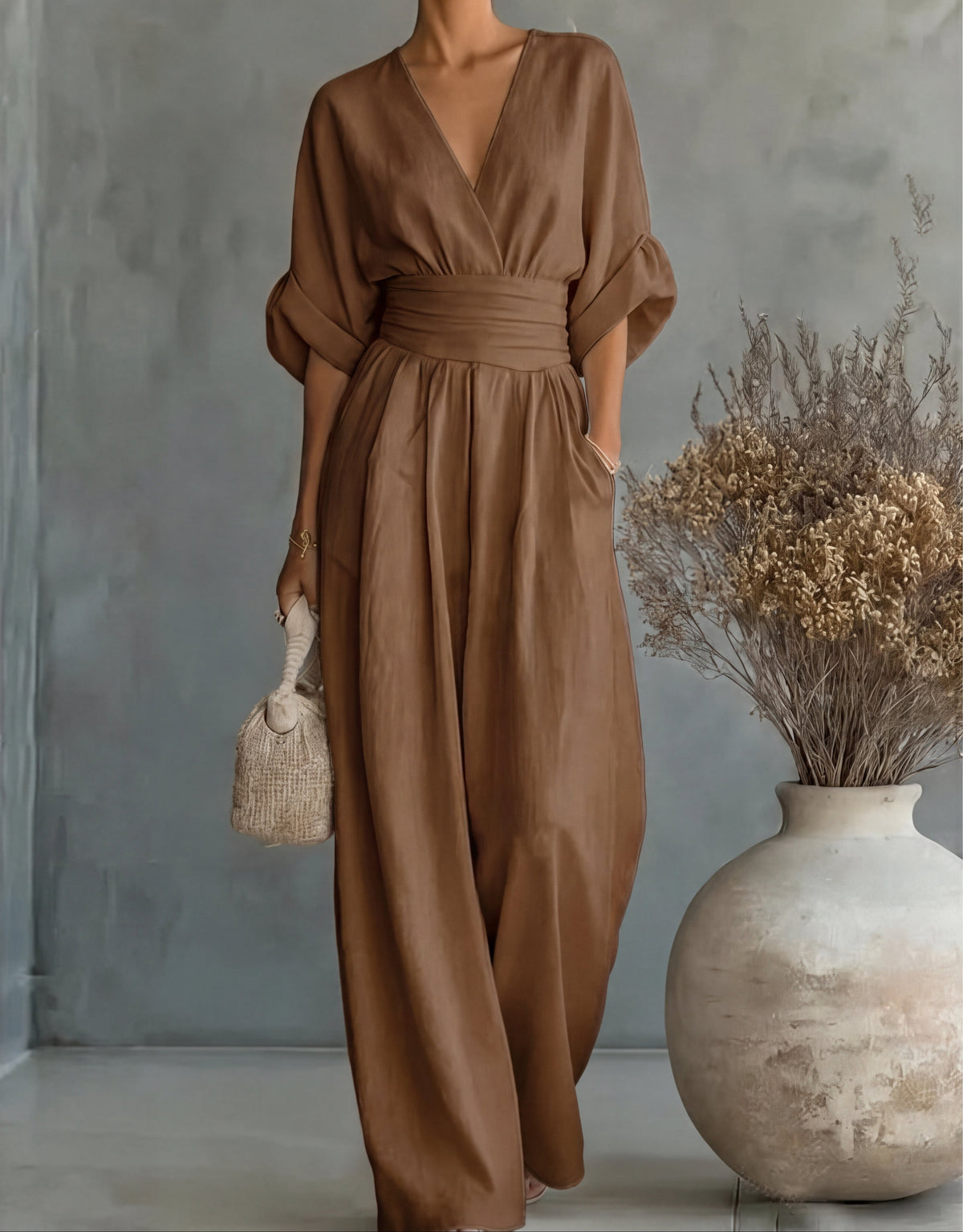 Jumpsuit with Wide Legs, V-Neck and Defined Waist