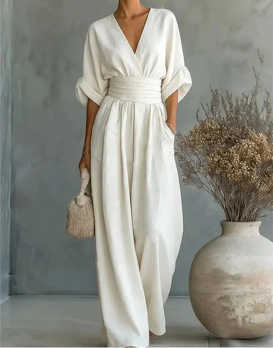 Jumpsuit with Wide Legs, V-Neck and Defined Waist