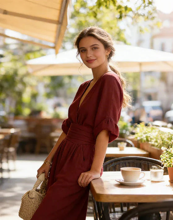 Jumpsuit with Wide Legs, V-Neck and Defined Waist