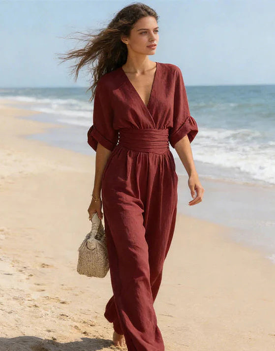 Jumpsuit with Wide Legs, V-Neck and Defined Waist