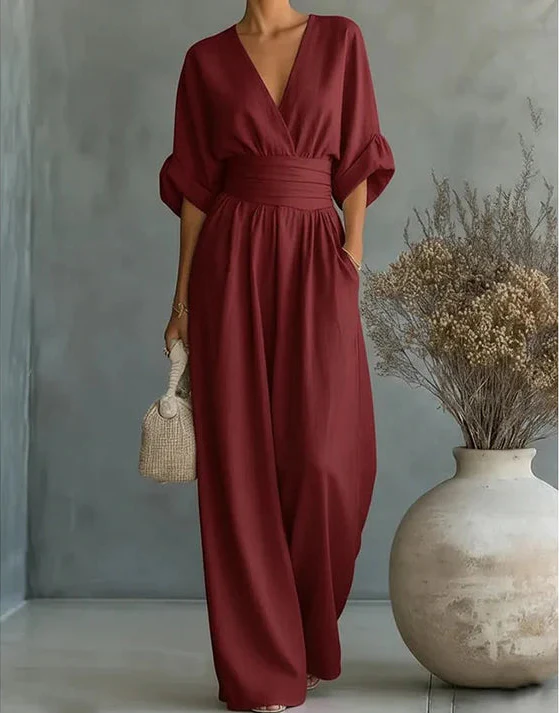 Jumpsuit with Wide Legs, V-Neck and Defined Waist