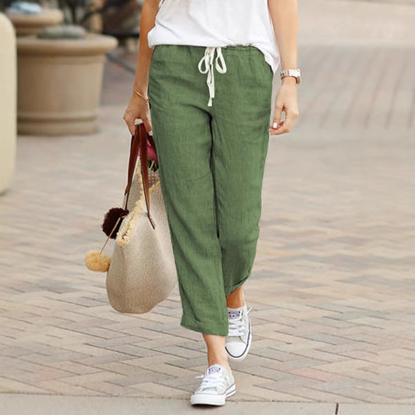 Linen Pants with Drawstring and Ankle-Length Cut for Women