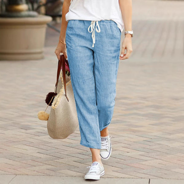 Linen Pants with Drawstring and Ankle-Length Cut for Women